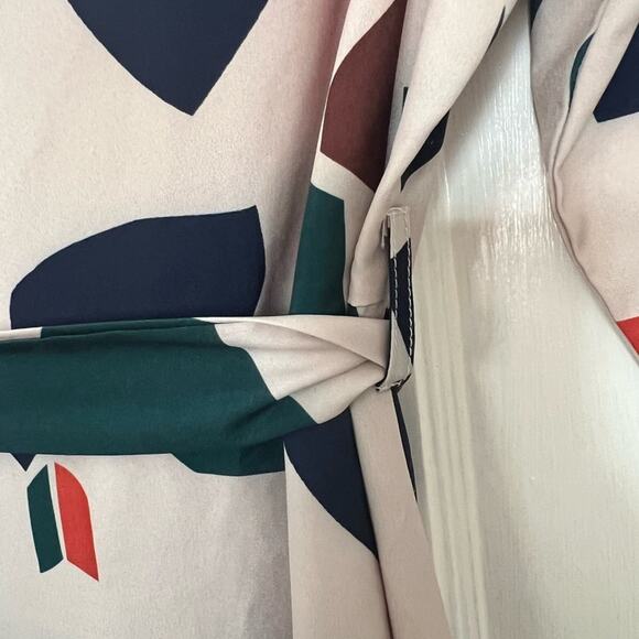 Mosaic Print Shirt Dress - Blue Orange Cream Green Belted Button Down - S - Picture 7 of 10